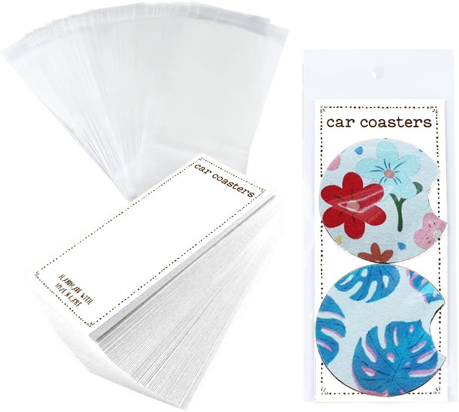 100Pcs Packaging for Selling Car Coasters, Sublimation Car Coasters Cards with 100Pcs Bags, Sublimation Car Coasters Cards for Selling, Coasters Display Cards 6.8x2.85 Inches (White)