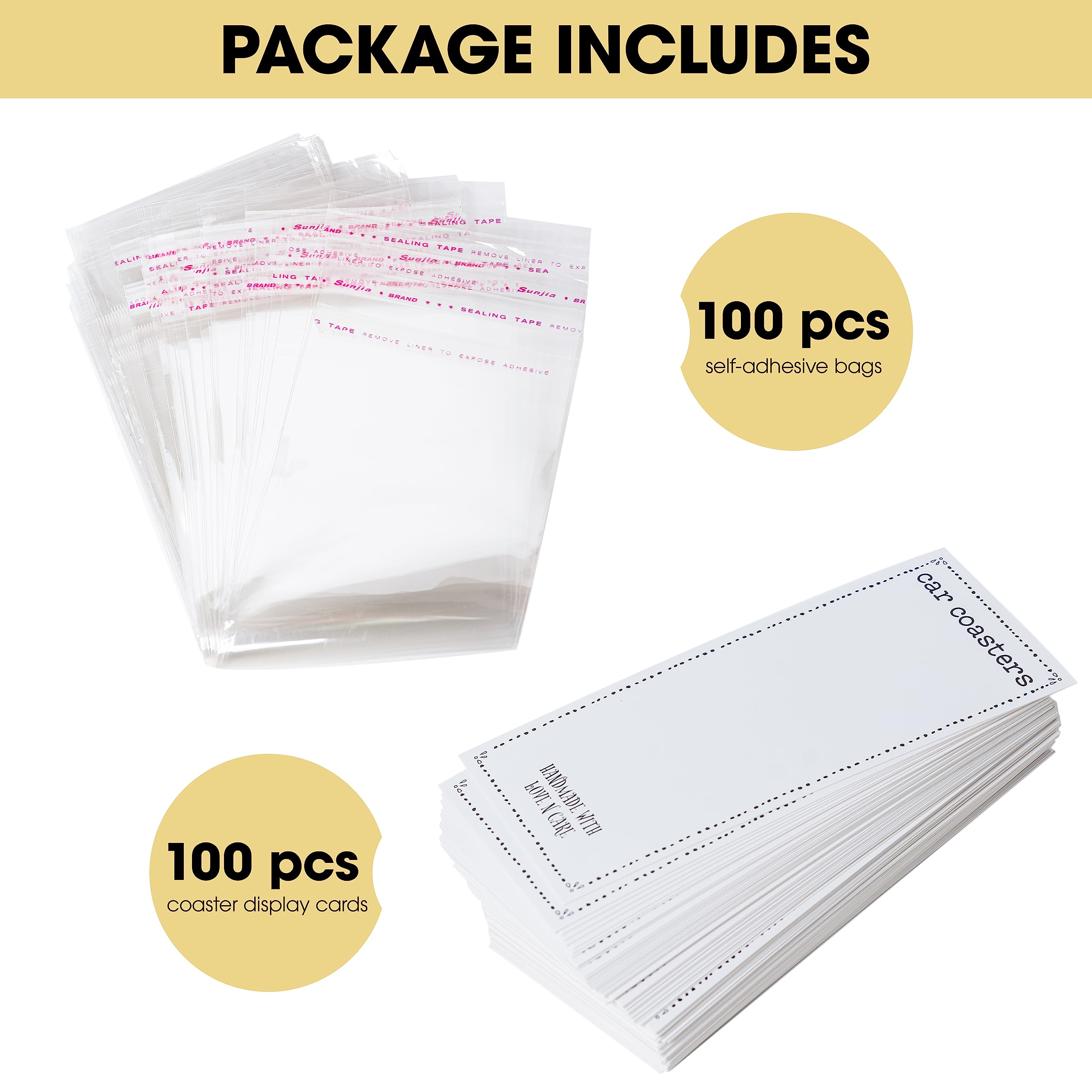100Pcs Packaging for Selling Car Coasters, Sublimation Car Coasters Cards with 100Pcs Bags, Sublimation Car Coasters Cards for Selling, Coasters Display Cards 6.8x2.85 Inches (White)