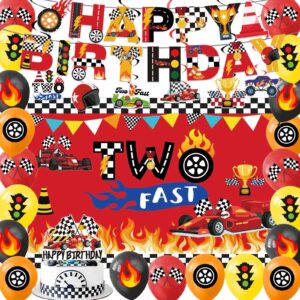 mqzqp two fast birthday decorations with backdrop banner cake topper hanging swirl decorations & balloons