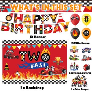 MQZQP Two Fast Birthday Decorations with Backdrop Banner Cake Topper Hanging Swirl Decorations & Balloons