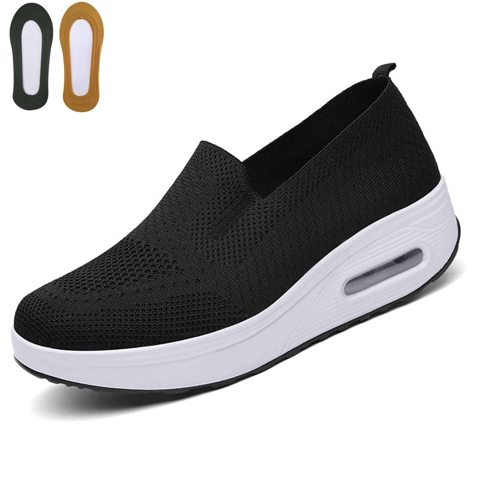 OLLOUM Women's Orthopedic Shoes,Fitsshoes Women, Women's Air Cushion Slip-On Walking Shoes Mesh Up Stretch Platform Sneakers (Color : Black, Size : US 9)