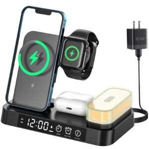 wireless charger charging station, hdiwousp foldable 5 in 1 30w fast wireless charging station with alarm clock and night light matching with iphone 15/14/13/12/11/xs airpods and apple watch