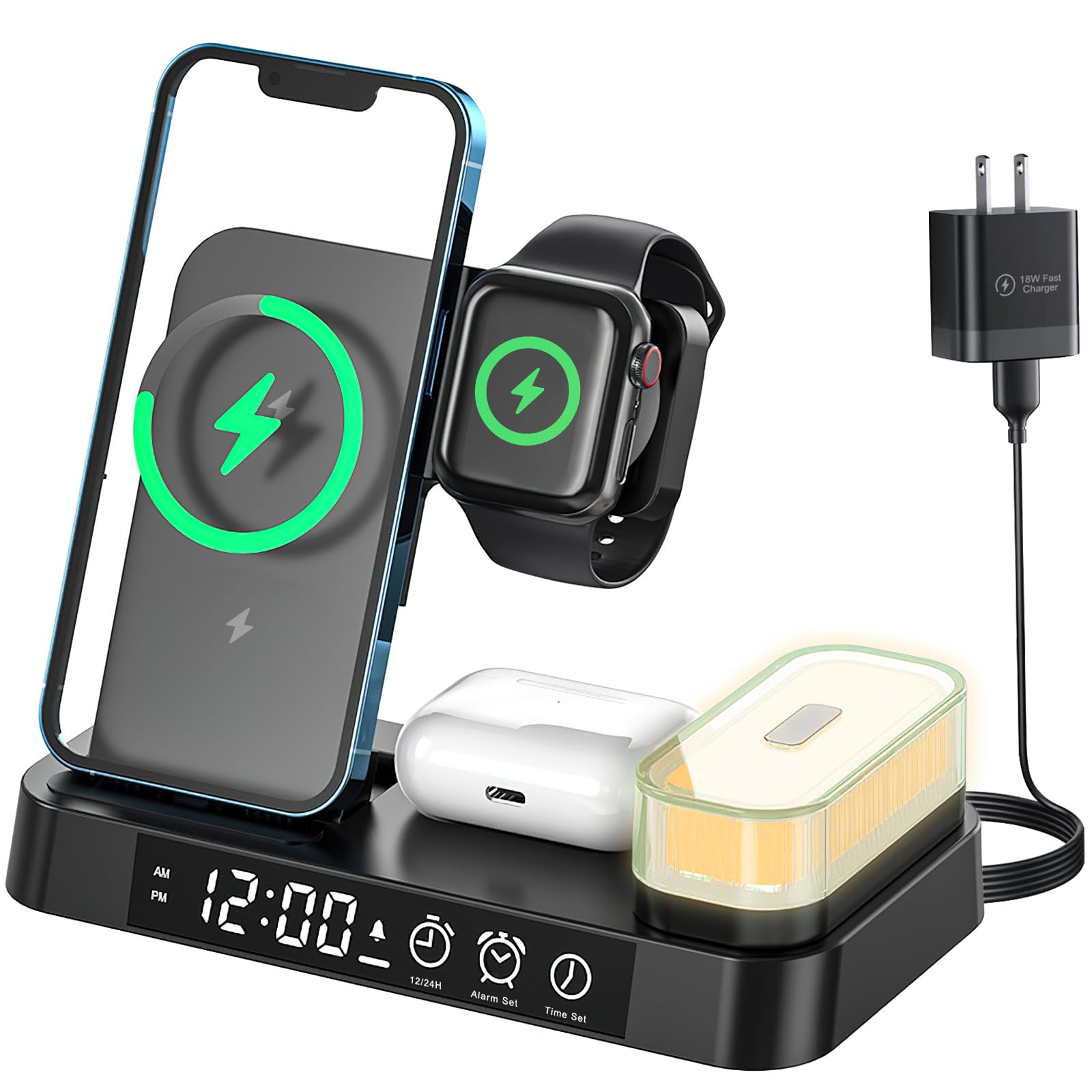 Wireless Charger Charging Station, Hdiwousp Foldable 5 in 1 30W Fast Wireless Charging Station with Alarm Clock and Night Light Matching with iPhone 15/14/13/12/11/XS AirPods and Apple Watch