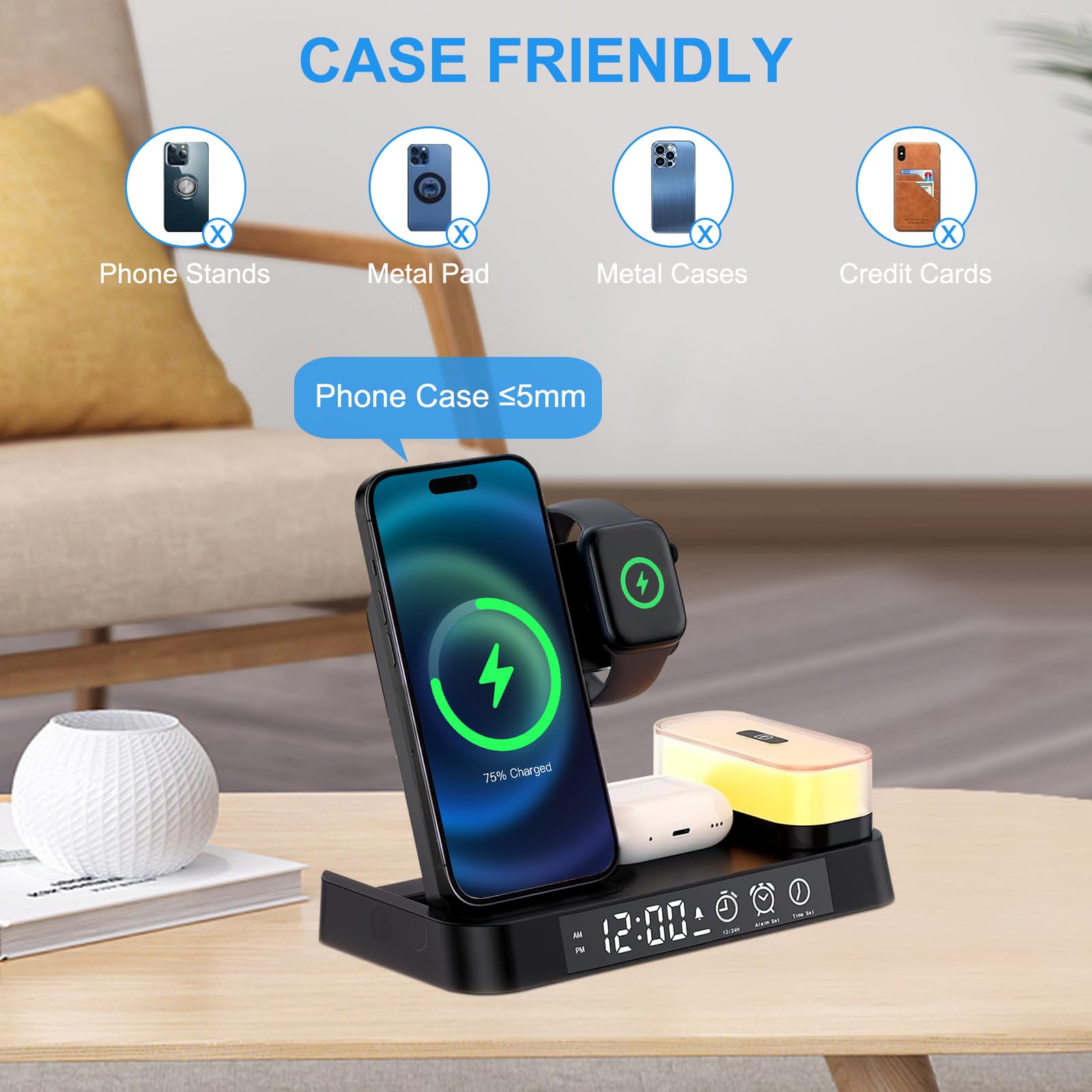 Wireless Charger Charging Station, Hdiwousp Foldable 5 in 1 30W Fast Wireless Charging Station with Alarm Clock and Night Light Matching with iPhone 15/14/13/12/11/XS AirPods and Apple Watch