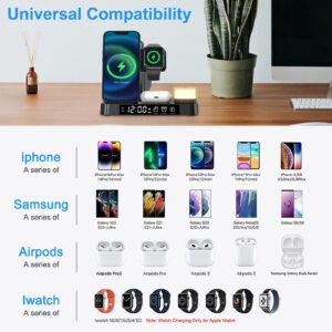 Wireless Charger Charging Station, Hdiwousp Foldable 5 in 1 30W Fast Wireless Charging Station with Alarm Clock and Night Light Matching with iPhone 15/14/13/12/11/XS AirPods and Apple Watch