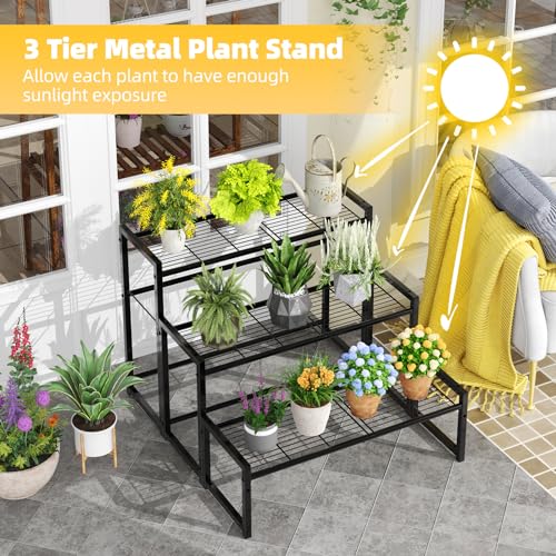 Simple Trending 3 Tier Metal Plant Stand Outdoor Indoor Waterproof, Stackable Heavy Duty Tall Plant Shelf Flower Pot Holder for Garden, Display Rack, Black
