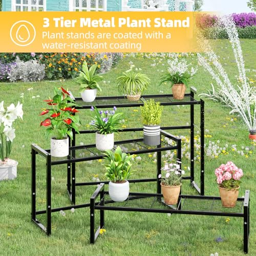 Simple Trending 3 Tier Metal Plant Stand Outdoor Indoor Waterproof, Stackable Heavy Duty Tall Plant Shelf Flower Pot Holder for Garden, Display Rack, Black