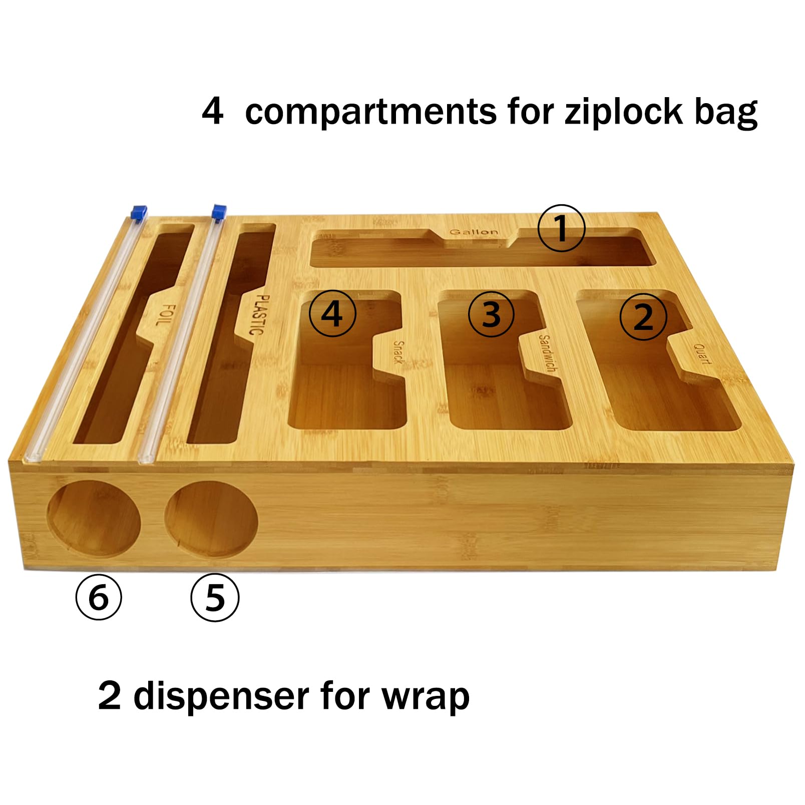 HILELIFE Bamboo Ziplock Bag Organizer for Drawer, Foil and Plastic Wrap Organizer, 6 In 1 Plastic Bag Organizer for Drawer, Baggie Organizer for Drawer