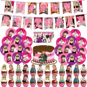 celebrate birthday party taylor swift style - party decorations including banner, balloons, cake topper, and cupcake toppers