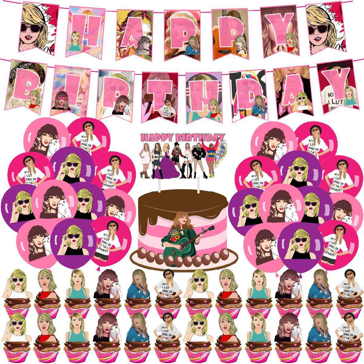 Celebrate Birthday Party Taylor Swift Style - Party Decorations Including Banner, Balloons, Cake Topper, and Cupcake Toppers