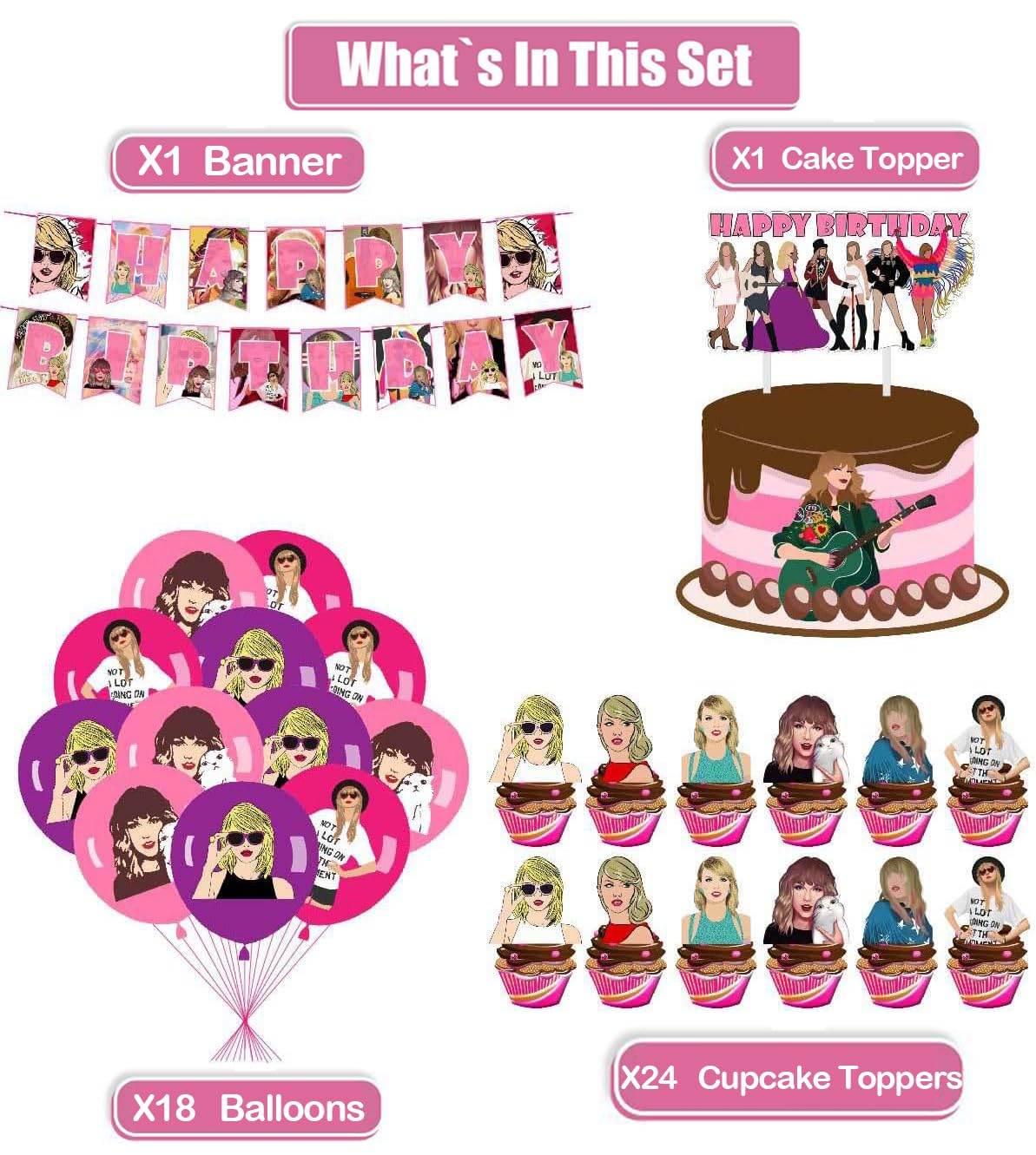 Celebrate Birthday Party Taylor Swift Style - Party Decorations Including Banner, Balloons, Cake Topper, and Cupcake Toppers