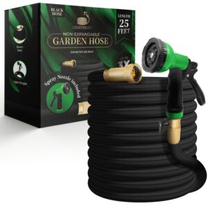lighthose garden hose, non-expandable garden hose, super light weight hose, no burst, 3/4 inch solid brass connectors, 25 ft, black