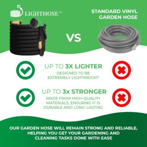 LightHose Garden Hose, NON-EXPANDABLE Garden Hose, Super Light Weight Hose, No Burst, 3/4 inch Solid Brass Connectors, 25 Ft, Black