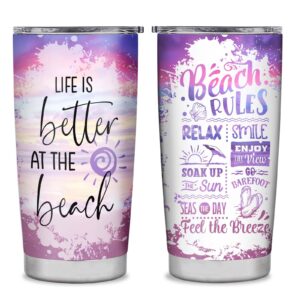 rudicaxi beach tumbler gifts for women, best beach themed gift ideas for beach lover, beach cup for girls friends sister daughter, life is the better at the beach 20oz stainless steel tumbler