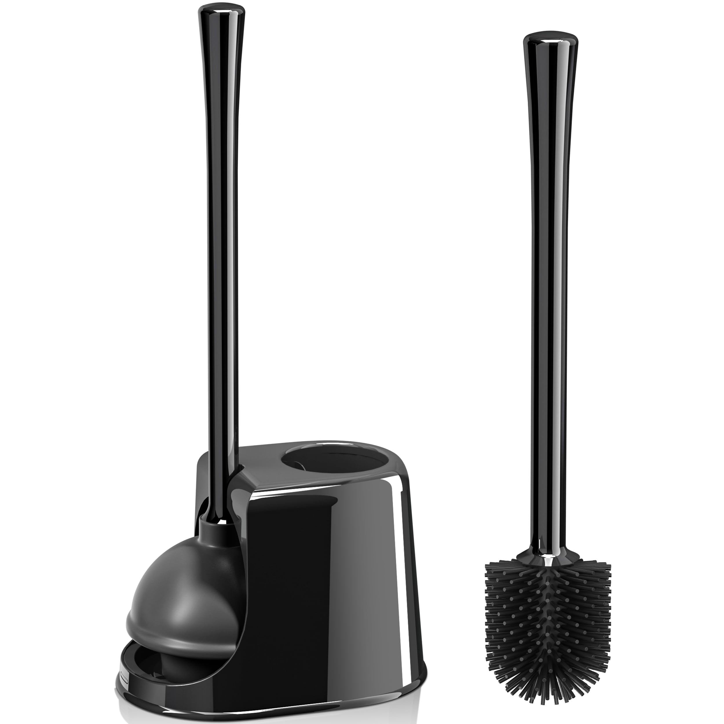 Toilet Plunger and Brush Set, Silicone Toilet Brush and Plunger with Ventilated Holder, 2-in-1 Bathroom Cleaning Combo with Caddy Stand(Black)