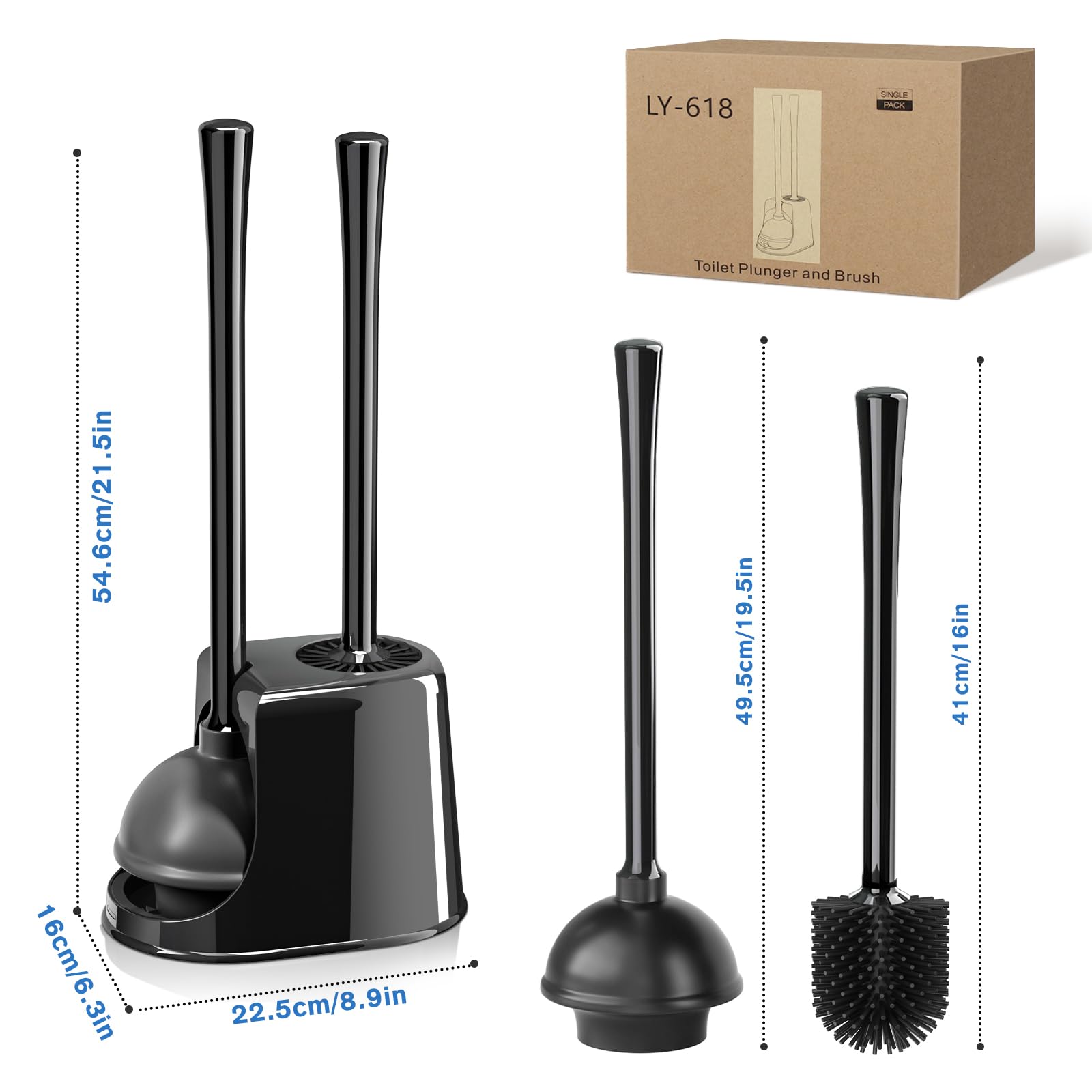 Toilet Plunger and Brush Set, Silicone Toilet Brush and Plunger with Ventilated Holder, 2-in-1 Bathroom Cleaning Combo with Caddy Stand(Black)