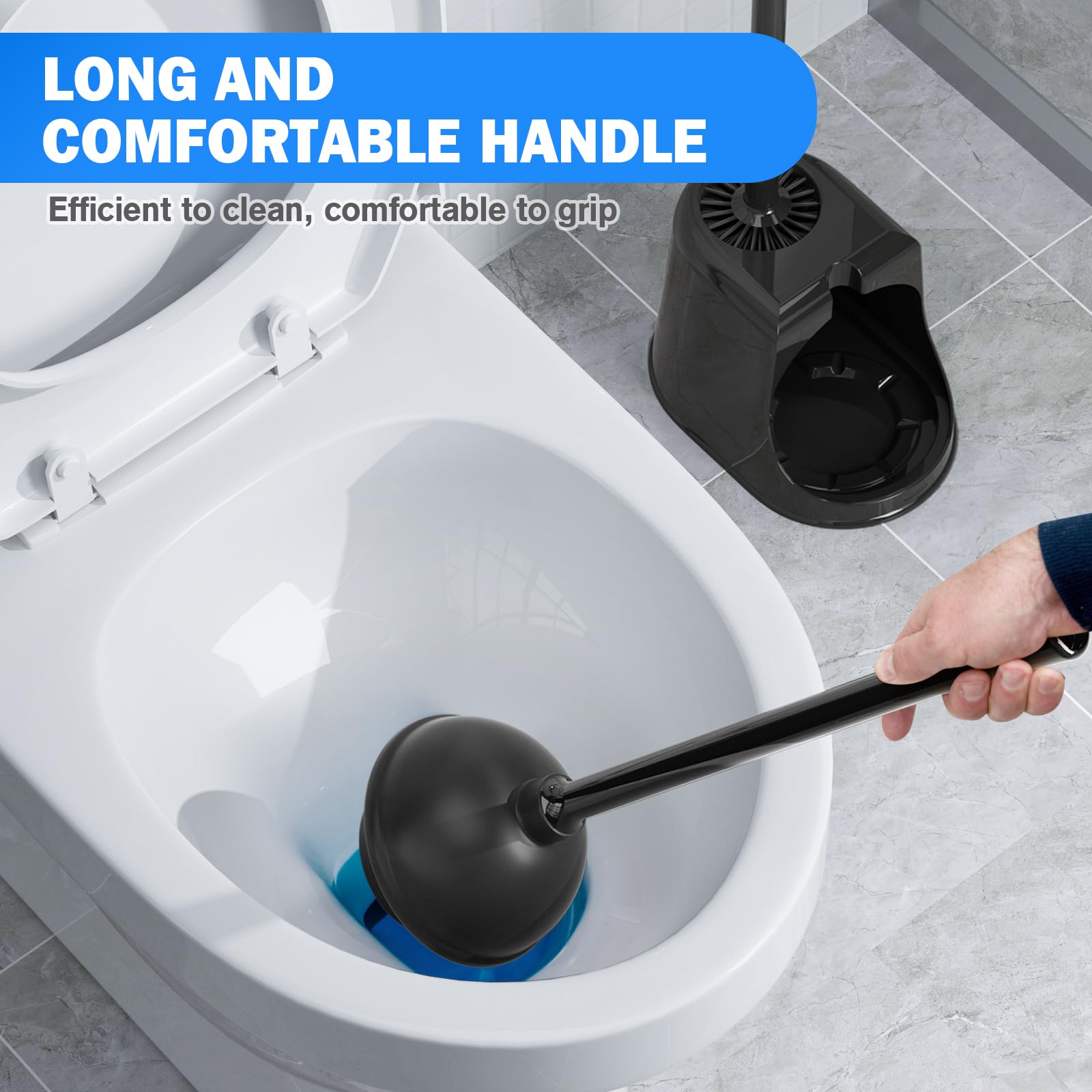 Toilet Plunger and Brush Set, Silicone Toilet Brush and Plunger with Ventilated Holder, 2-in-1 Bathroom Cleaning Combo with Caddy Stand(Black)