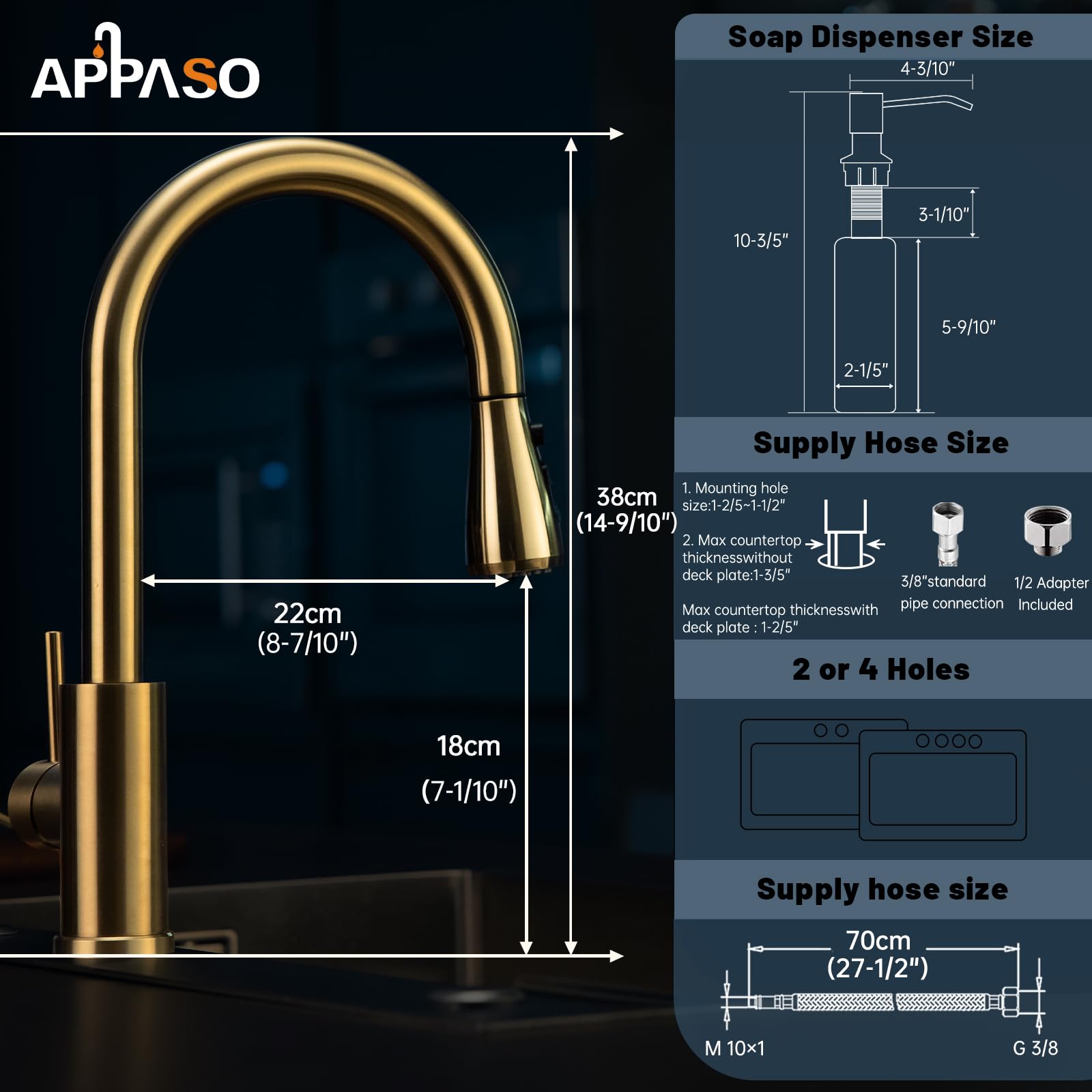 APPASO Gold Kitchen Faucet with Soap Dispenser, Brushed Gold Kitchen Sink Faucet with Pull Down Sprayer, Modern High Arch Single Handle Sink Faucet for Kitchen, 3 Modes & Champagne Gold