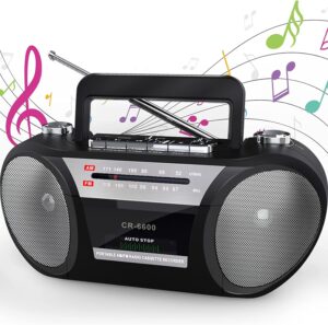 cassette player am fm radio boombox: retro portable cassette tape player and recorder with dual stereo speaker,standard earphone jack,cassette boombox powered by 4 d cell batteries or ac power