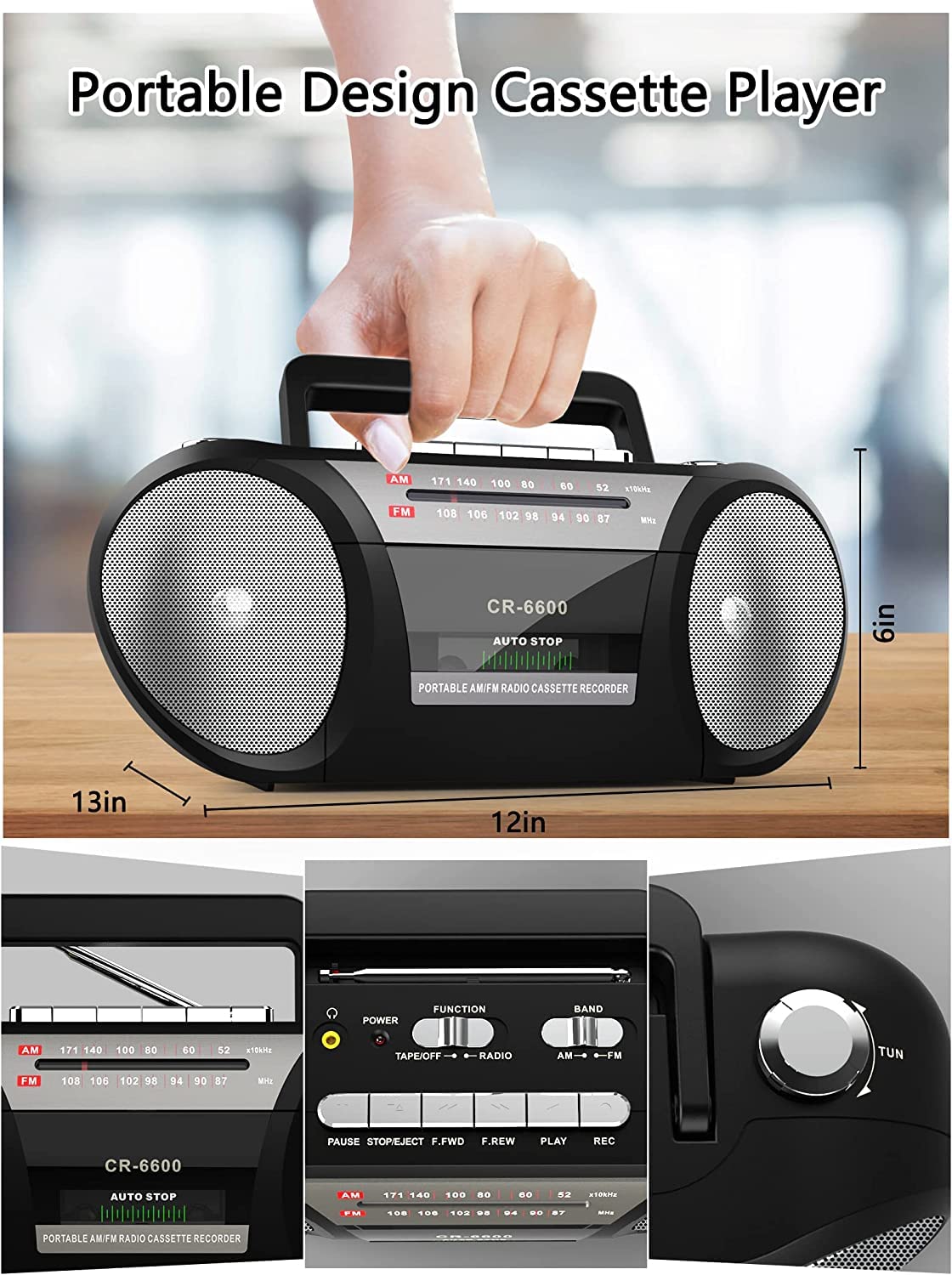 Cassette Player AM FM Radio Boombox: Retro Portable Cassette Tape Player and Recorder with Dual Stereo Speaker,Standard Earphone Jack,Cassette Boombox Powered by 4 D Cell Batteries Or AC Power