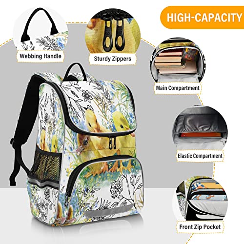 JULYTO Kids Backpack for Boys Girls with Reflective Stripes16 inch Little Fluffy Duck Backpack for School Cute Watercolor Easter School Bag Elementary Student Bookbag Daypack for Travel Hiking