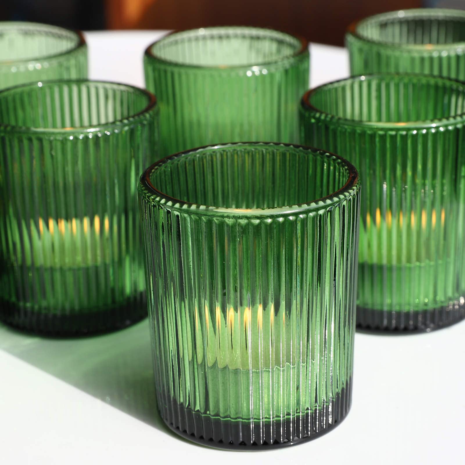 VOHO Votive Candle Holders Set of 24, Green Candle Holder for Tealight & Votive Candles, Vintage Ribbed Glass Tea Lights Candle Holder for Home & Christmas Decorations