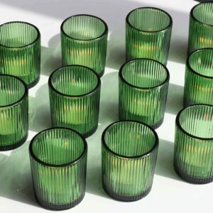 VOHO Votive Candle Holders Set of 24, Green Candle Holder for Tealight & Votive Candles, Vintage Ribbed Glass Tea Lights Candle Holder for Home & Christmas Decorations