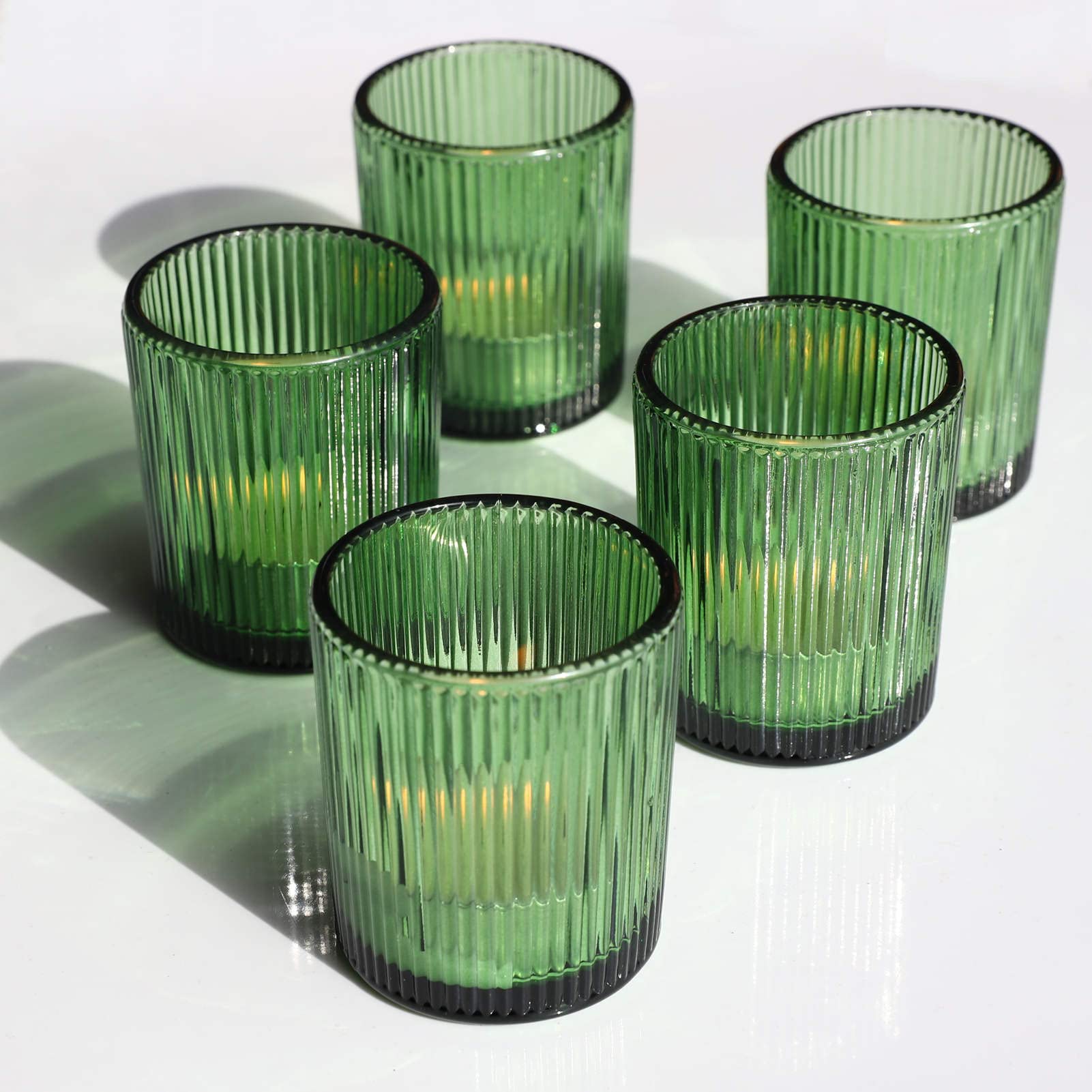 VOHO Votive Candle Holders Set of 24, Green Candle Holder for Tealight & Votive Candles, Vintage Ribbed Glass Tea Lights Candle Holder for Home & Christmas Decorations