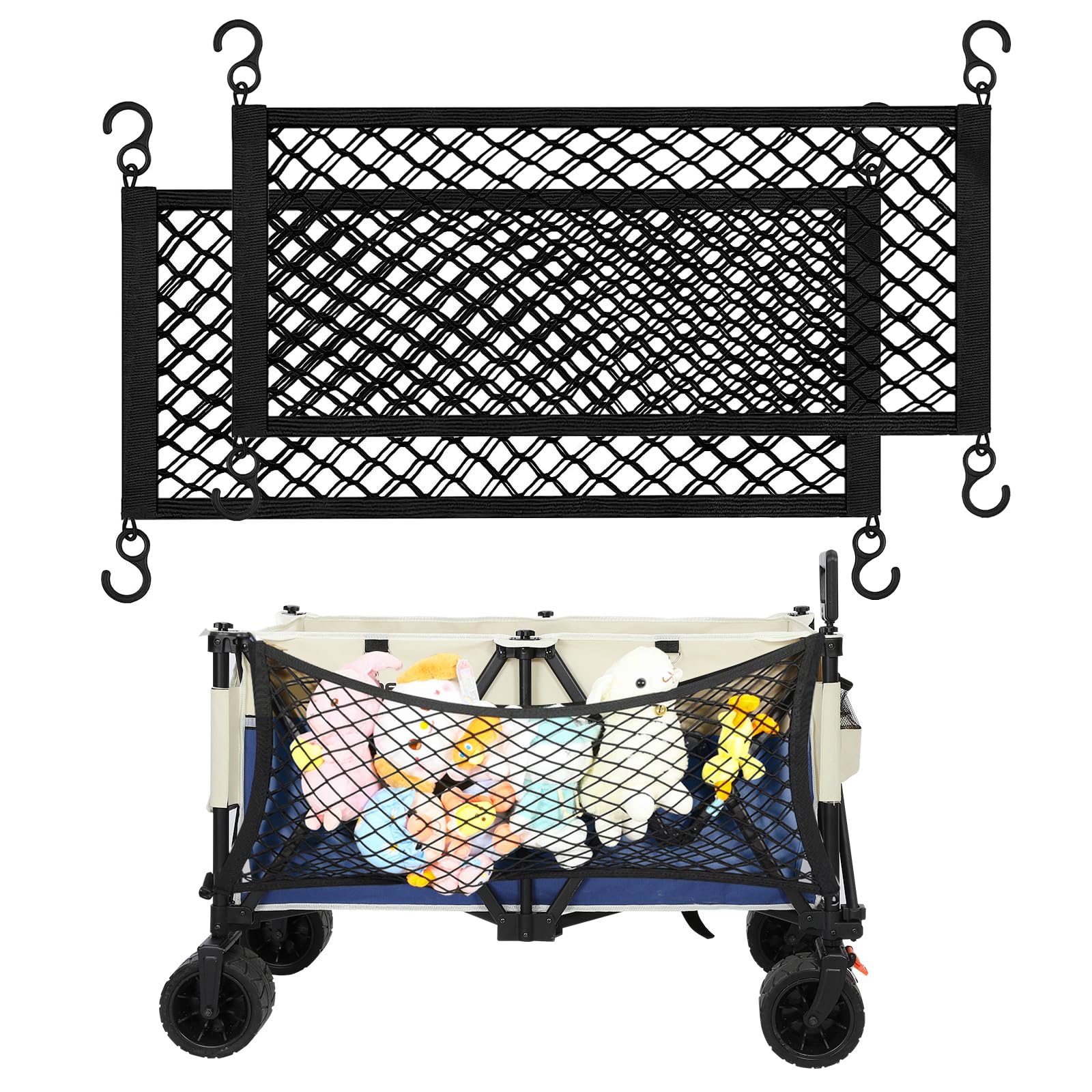 Raynesys Heavy Duty Wagon Cargo Net, Double-Layer Wagon Accessories for Beach Wagons Carts, Elastic Storage Organizer Net with Hook, 31.5in x 14.5in, 2 Pack