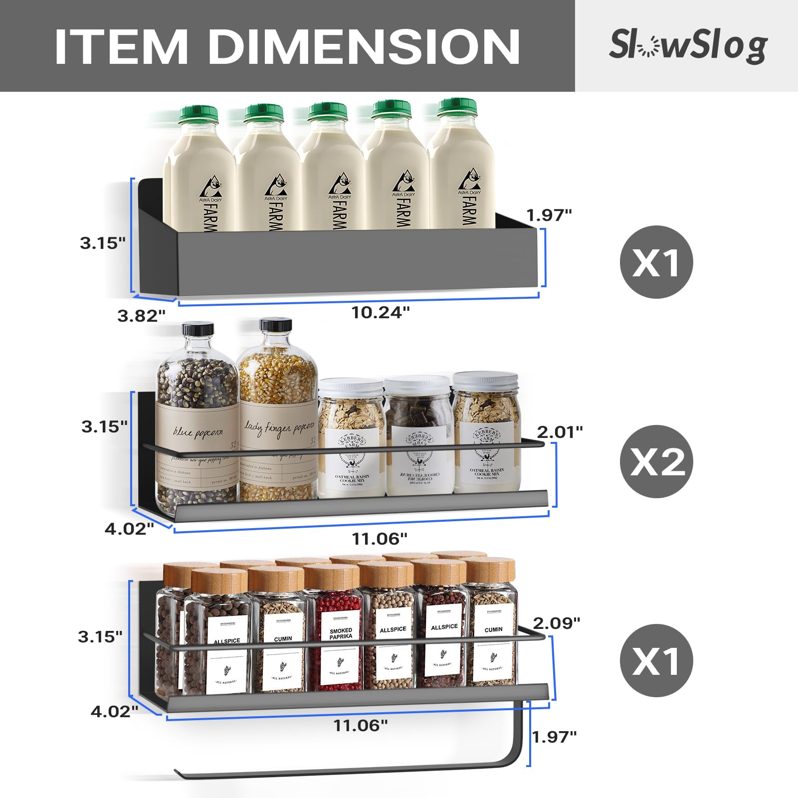 Slow Slog Magnetic Spice Rack, 4 Pack Magnetic Shelf for Refrigerator, Magnetic Refrigerator Organizer, Kitchen Space Saving, Moveable Spice Rack Organizer with Paper Towel Holder, Metal Gray