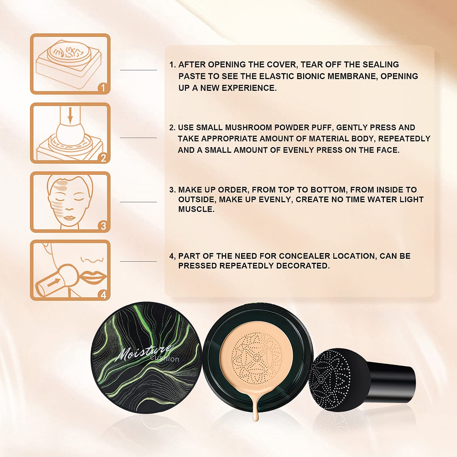 Mushroom Head Air Cushion CC Cream - BB Cream Foundation Makeup Moisturizing Concealer Long-Lasting, Cushion Foundation Full Coverage Self Adjusting for Mature Skin & All Skin Types (Buff Beige)