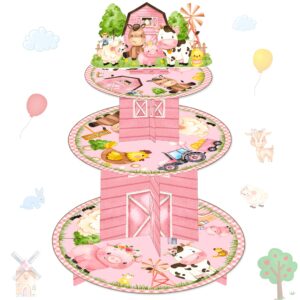 pink farm animals cupcake stand 3 tiers farm birthday party tower barnyard party stand holder farm animals party decorations for farmhouse baby shower supplies