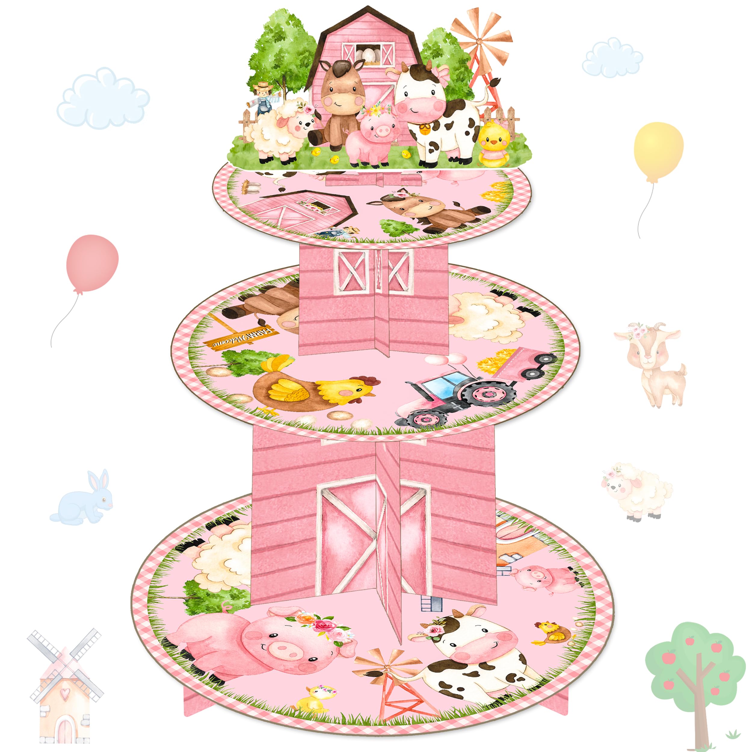 Pink Farm Animals Cupcake Stand 3 Tiers Farm Birthday Party Tower Barnyard Party Stand Holder Farm Animals Party Decorations for Farmhouse Baby Shower Supplies