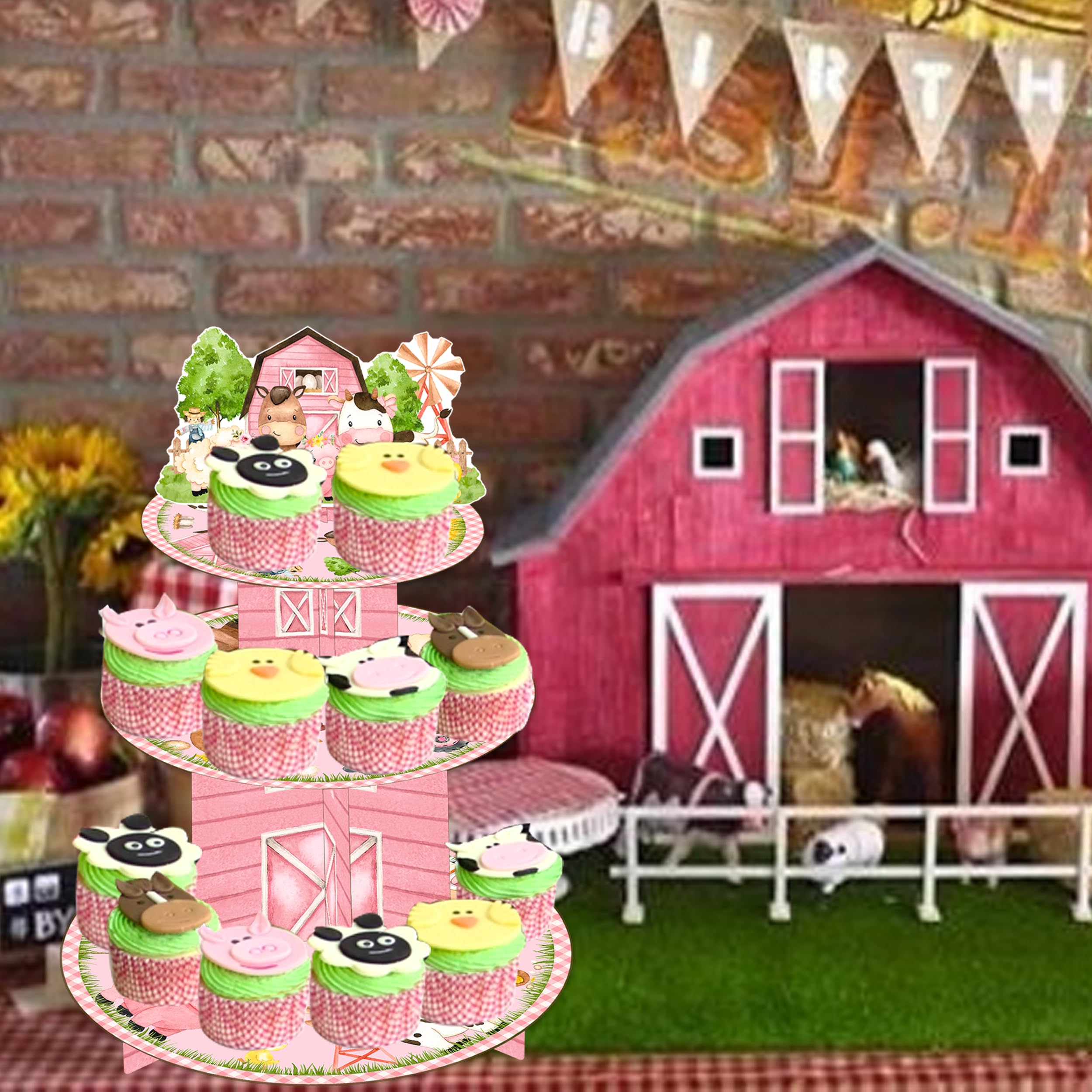 Pink Farm Animals Cupcake Stand 3 Tiers Farm Birthday Party Tower Barnyard Party Stand Holder Farm Animals Party Decorations for Farmhouse Baby Shower Supplies