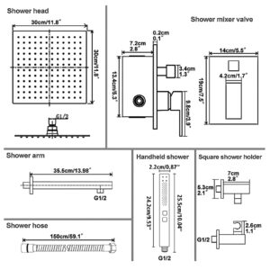 RUMOSE Matte Black Rainfall Shower System Fixture 12 Inch High Pressure Square Shower Head with 2 in 1 Handheld Spray Wall Mount Brass Bathroom Shower Faucet Set with cUPC Certified Rough-in Valve