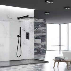 RUMOSE Matte Black Rainfall Shower System Fixture 12 Inch High Pressure Square Shower Head with 2 in 1 Handheld Spray Wall Mount Brass Bathroom Shower Faucet Set with cUPC Certified Rough-in Valve