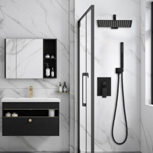 RUMOSE Matte Black Rainfall Shower System Fixture 12 Inch High Pressure Square Shower Head with 2 in 1 Handheld Spray Wall Mount Brass Bathroom Shower Faucet Set with cUPC Certified Rough-in Valve