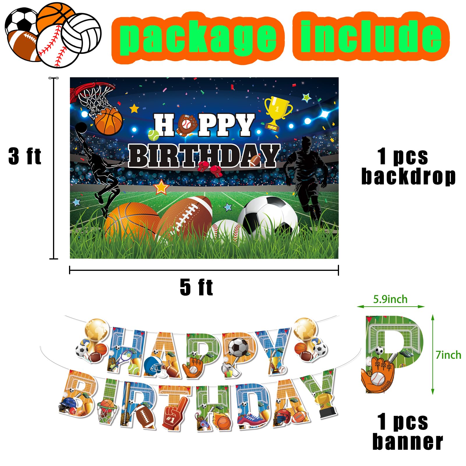 113 Sports Party Supplies Sport Balloons Soccer Party Decorations Sports Backdrop Sports Cake Toppers Sports Tablecloth for Sports Party Decorations