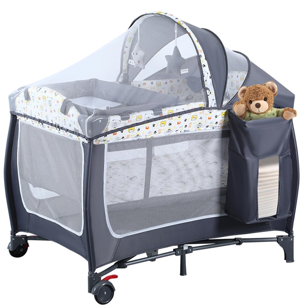 ANNA QUEEN 4 in 1 Pack and Play,Portable Baby Nursery Center Baby Playard, Foldable Baby Crib with Changing Table & Wheels,Removable Canopy with Toys,Storage Bag (Grey)