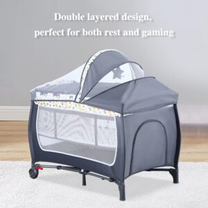 ANNA QUEEN 4 in 1 Pack and Play,Portable Baby Nursery Center Baby Playard, Foldable Baby Crib with Changing Table & Wheels,Removable Canopy with Toys,Storage Bag (Grey)