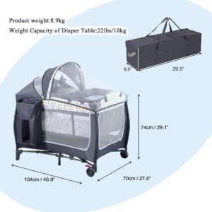 ANNA QUEEN 4 in 1 Pack and Play,Portable Baby Nursery Center Baby Playard, Foldable Baby Crib with Changing Table & Wheels,Removable Canopy with Toys,Storage Bag (Grey)