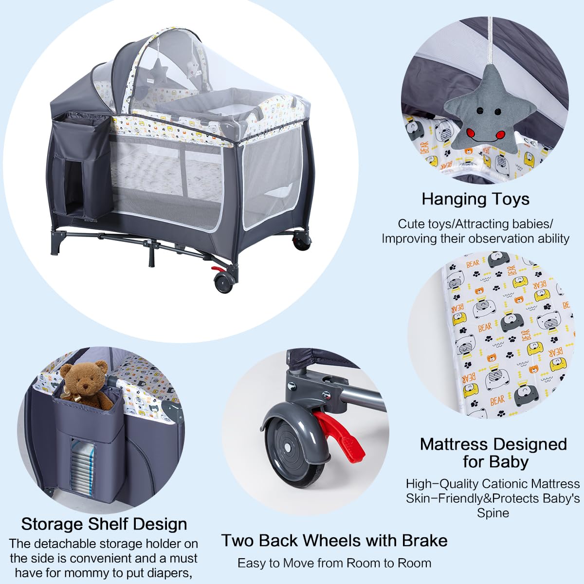 ANNA QUEEN 4 in 1 Pack and Play,Portable Baby Nursery Center Baby Playard, Foldable Baby Crib with Changing Table & Wheels,Removable Canopy with Toys,Storage Bag (Grey)