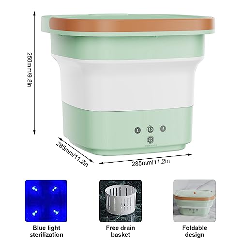 Portable Washing Machine, 6 L 3-Speed Adjustment Mini Foldable Washer with Drain Basket USB Compact Outdoor Washing Machine for Underwear, Sock, Suitable for Travel, Camping,Apartments（Green）