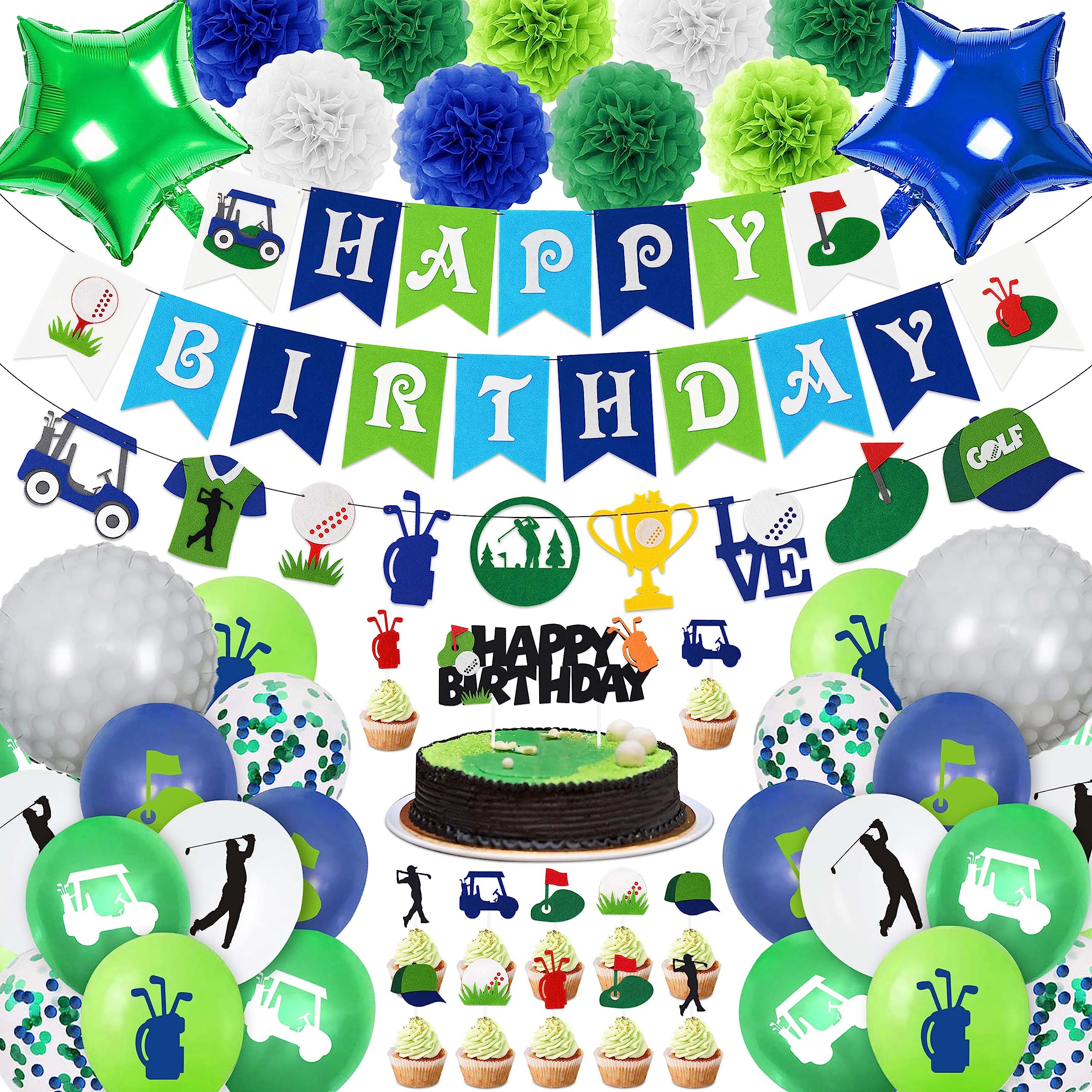 50Pcs Golf Birthday Party Decorations Golf Themed Party Supplies Includes Print Balloon Paper Sequin Golf Foil Balloon Cake Topper Banner Paper Pompoms