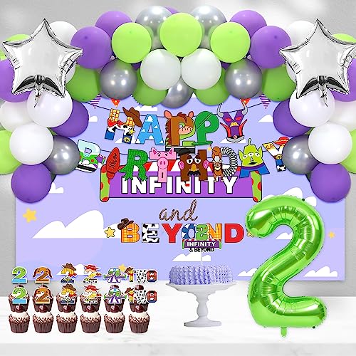 Crenics Two Infinity and Beyond Birthday Decorations - Two Infinity and Beyond Backdrop, Happy Birthday Banner, Balloon Garland Arch, 2 Number Balloon with Cake Toppers for 2nd Birthday Party Supplies