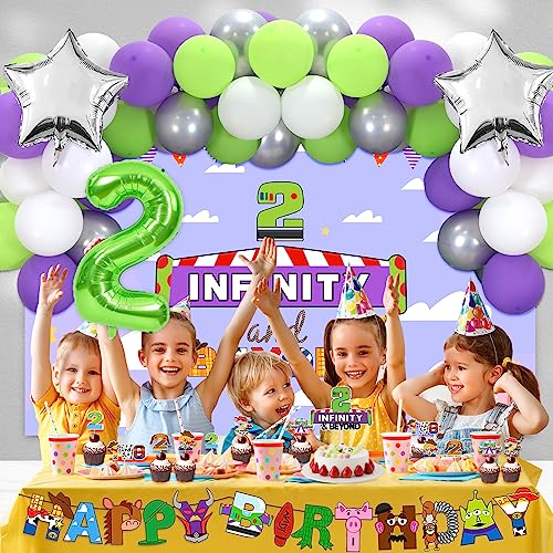 Crenics Two Infinity and Beyond Birthday Decorations - Two Infinity and Beyond Backdrop, Happy Birthday Banner, Balloon Garland Arch, 2 Number Balloon with Cake Toppers for 2nd Birthday Party Supplies