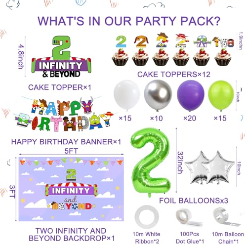 Crenics Two Infinity and Beyond Birthday Decorations - Two Infinity and Beyond Backdrop, Happy Birthday Banner, Balloon Garland Arch, 2 Number Balloon with Cake Toppers for 2nd Birthday Party Supplies