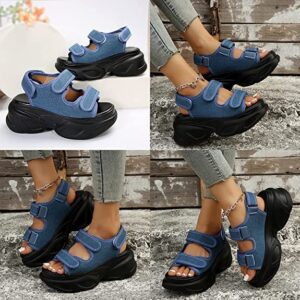 pearlzone Women Adjustable Hook Ring Platform Sandals Slides,Summer Outdoor Wedge Walking Hiking Sandal,Beach Casual Chunky Open Toe Athletic Sandal (blue,7)