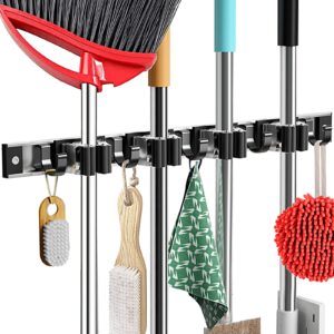 piyl broom mop holder wall mount, hanger mounted metal organization garage storage garden kitchen tool organizer for home goods