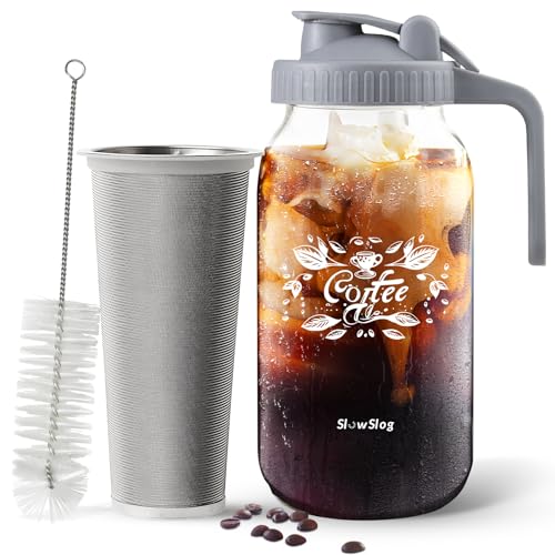 Slow Slog Cold Brew Coffee Maker, 64oz Cold Brew Mason Jar Pitcher with Lid, Iced Coffee Maker with Stainless Steel Filter for Iced Tea, Sun Tea, Lemonade, Leak Proof